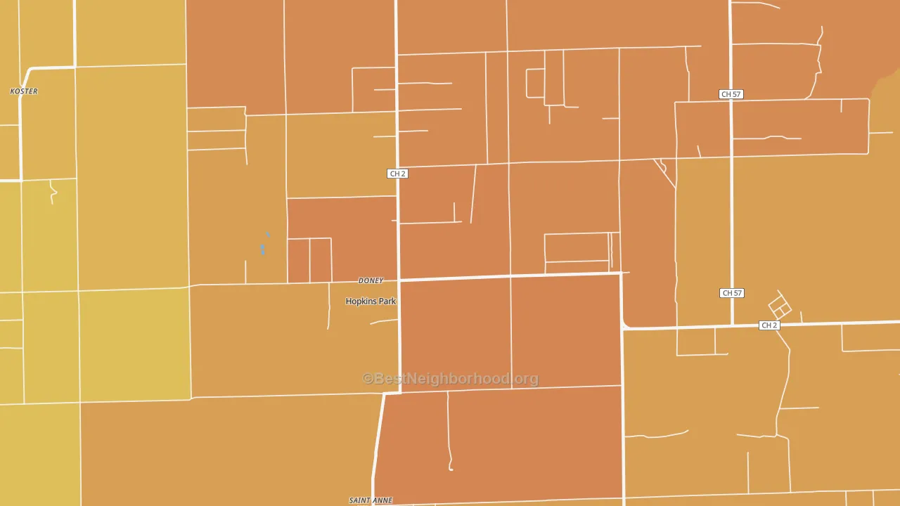 Map of the best neighborhoods in the Hopkins Park area, with better matches in green and worse matches in red