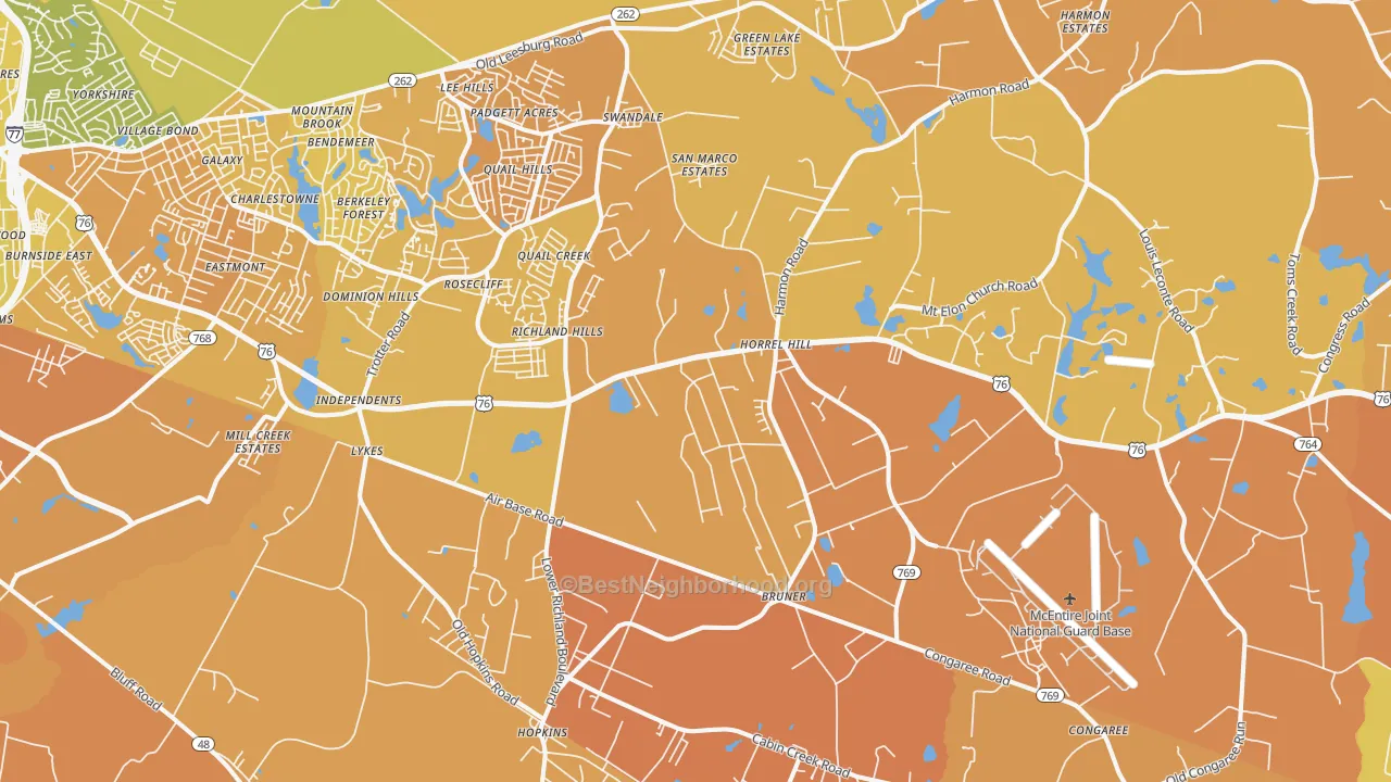 Map of the best neighborhoods in the Hopkins area, with better matches in green and worse matches in red