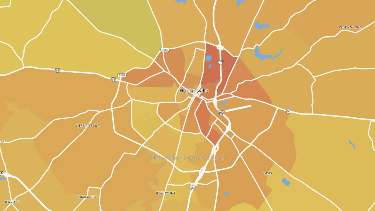 Map of the best neighborhoods in the Hopkinsville area, with better matches in green and worse matches in red