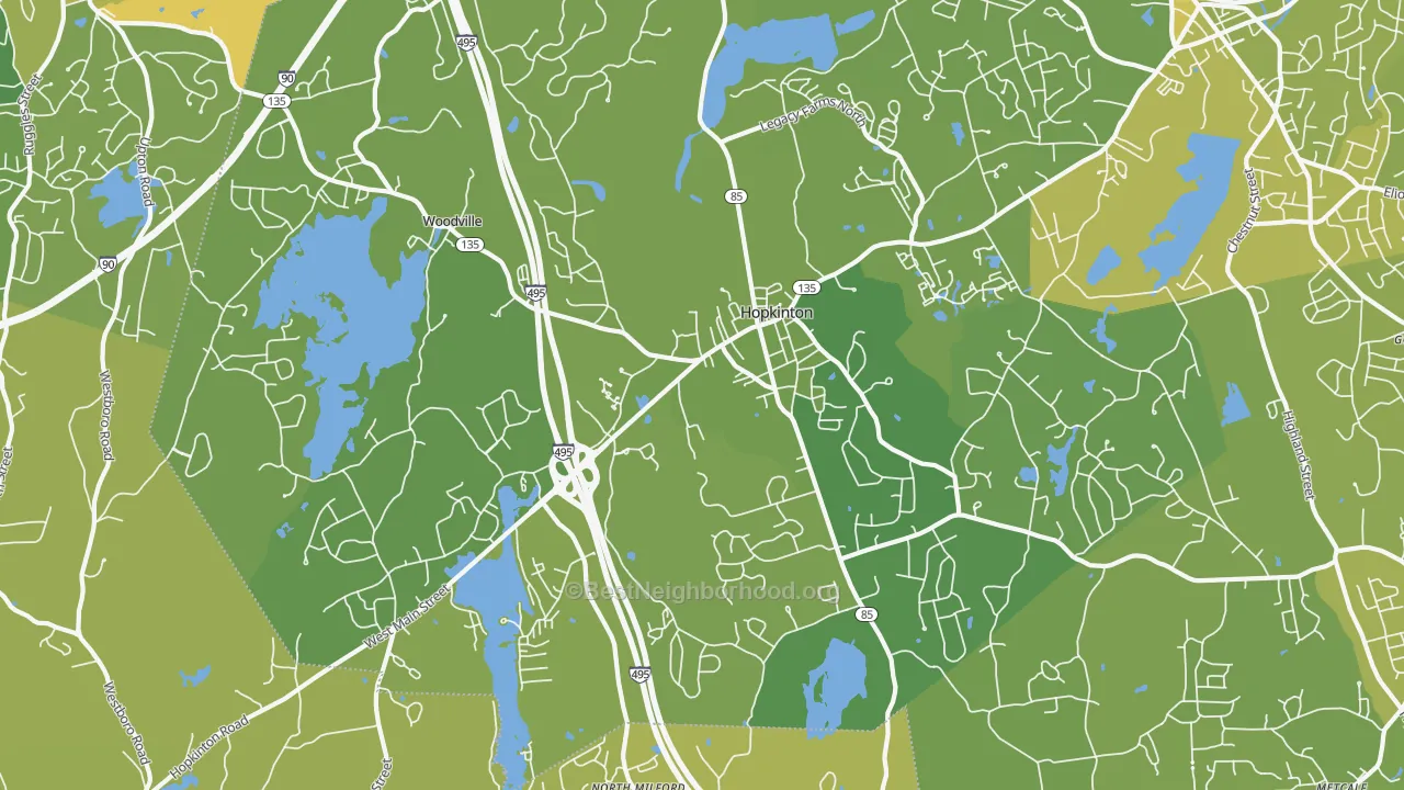 Map of the best neighborhoods in the Hopkinton area, with better matches in green and worse matches in red