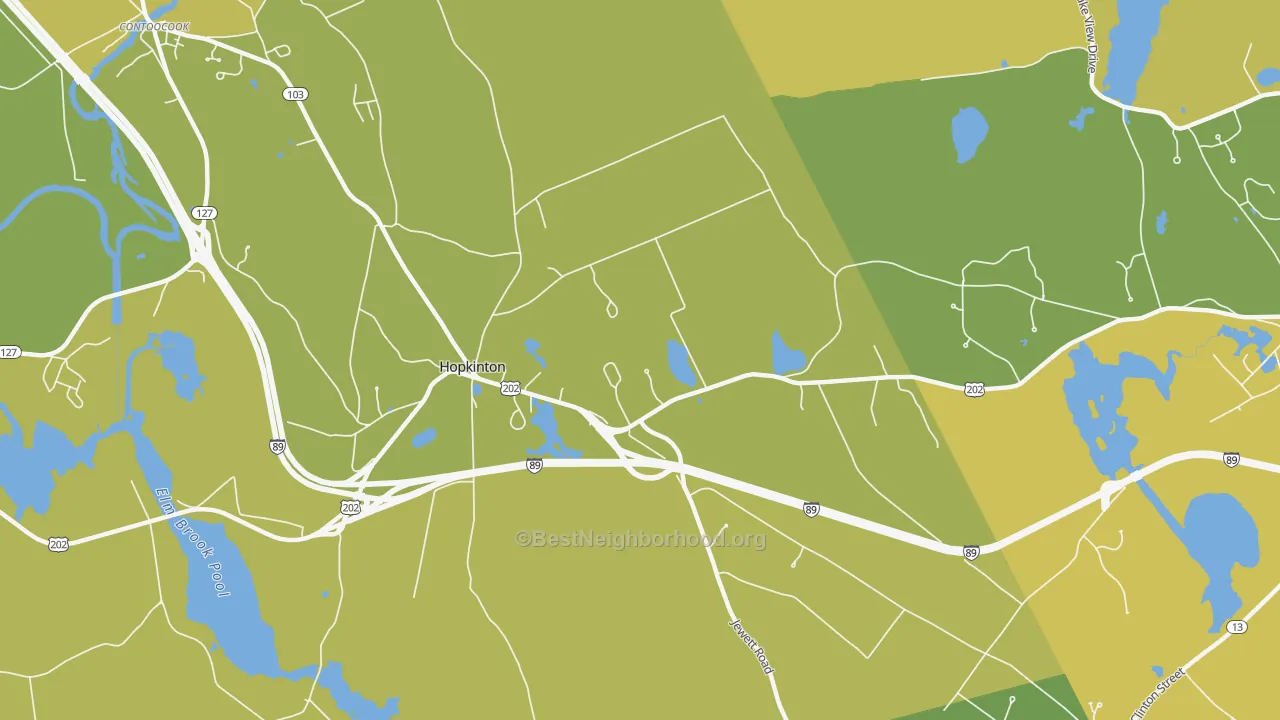 Map of the best neighborhoods in the Hopkinton area, with better matches in green and worse matches in red