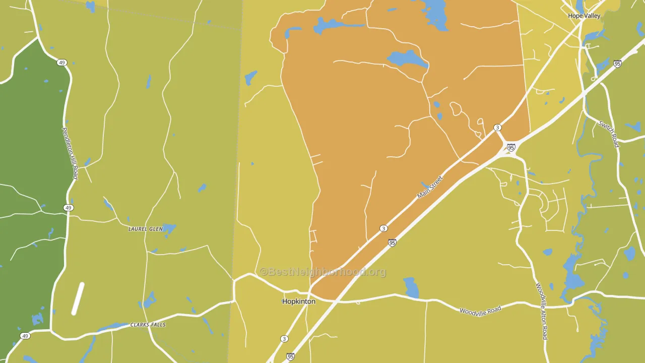 Map of the best neighborhoods in the Hopkinton area, with better matches in green and worse matches in red