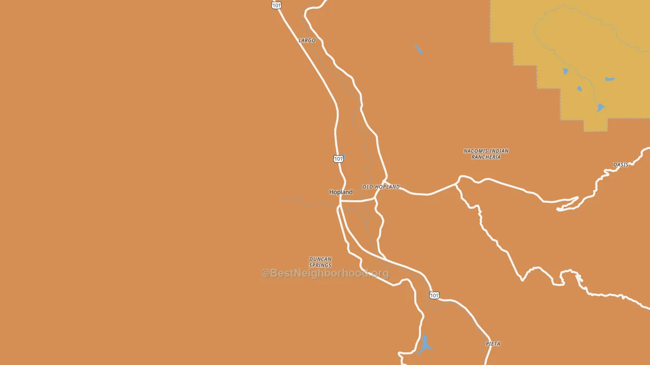 Map of the best neighborhoods in the Hopland area, with better matches in green and worse matches in red