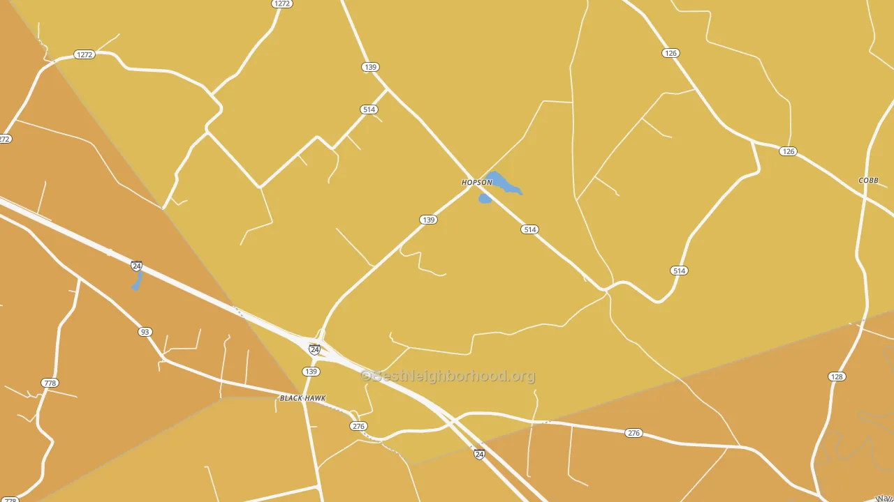 Map of the best neighborhoods in the Hopson area, with better matches in green and worse matches in red
