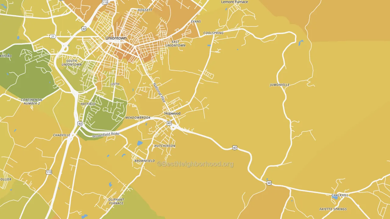 Map of the best neighborhoods in the Hopwood area, with better matches in green and worse matches in red