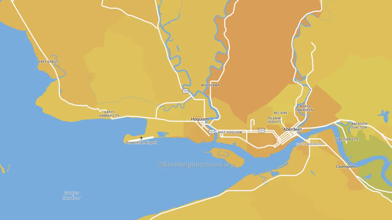 Map of the best neighborhoods in the Hoquiam area, with better matches in green and worse matches in red
