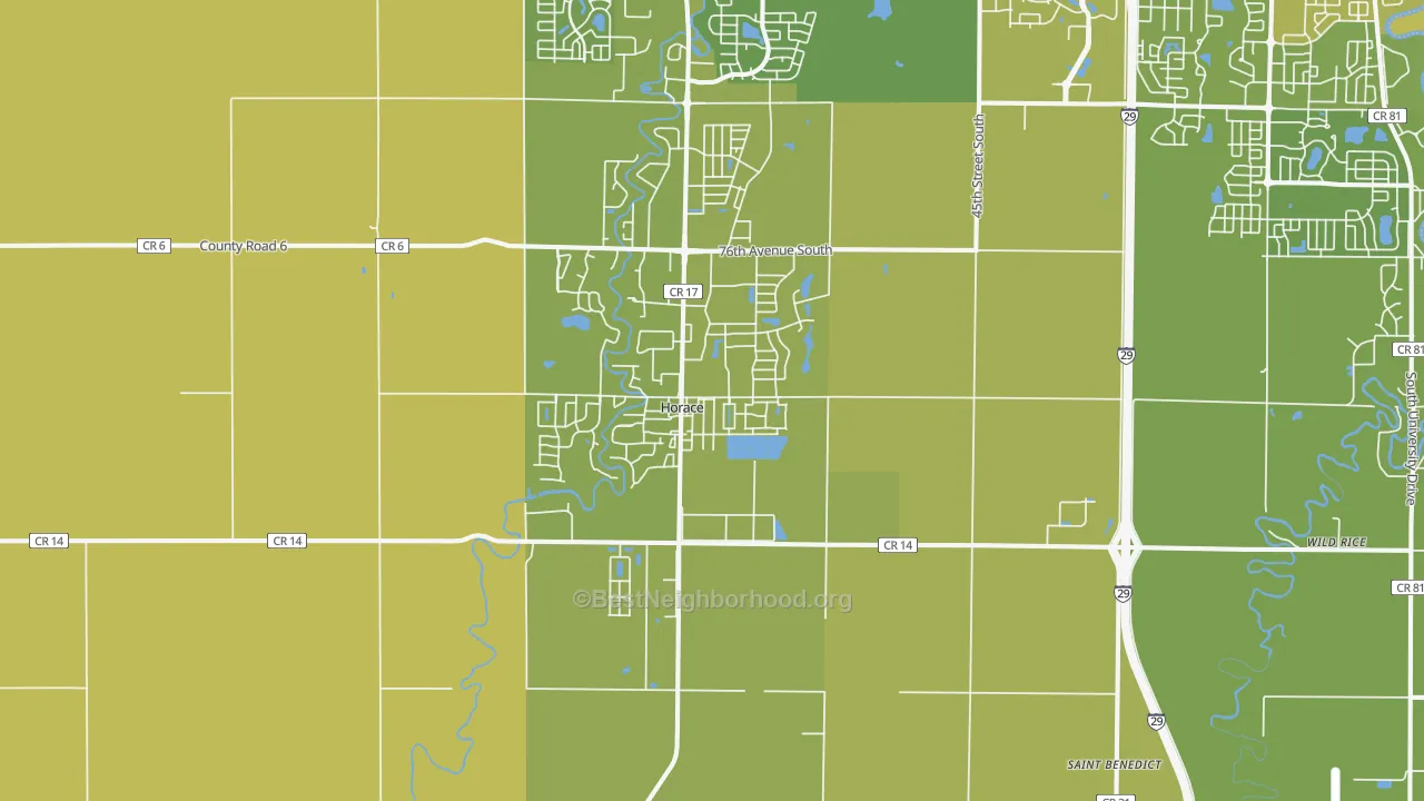 Map of the best neighborhoods in the Horace area, with better matches in green and worse matches in red