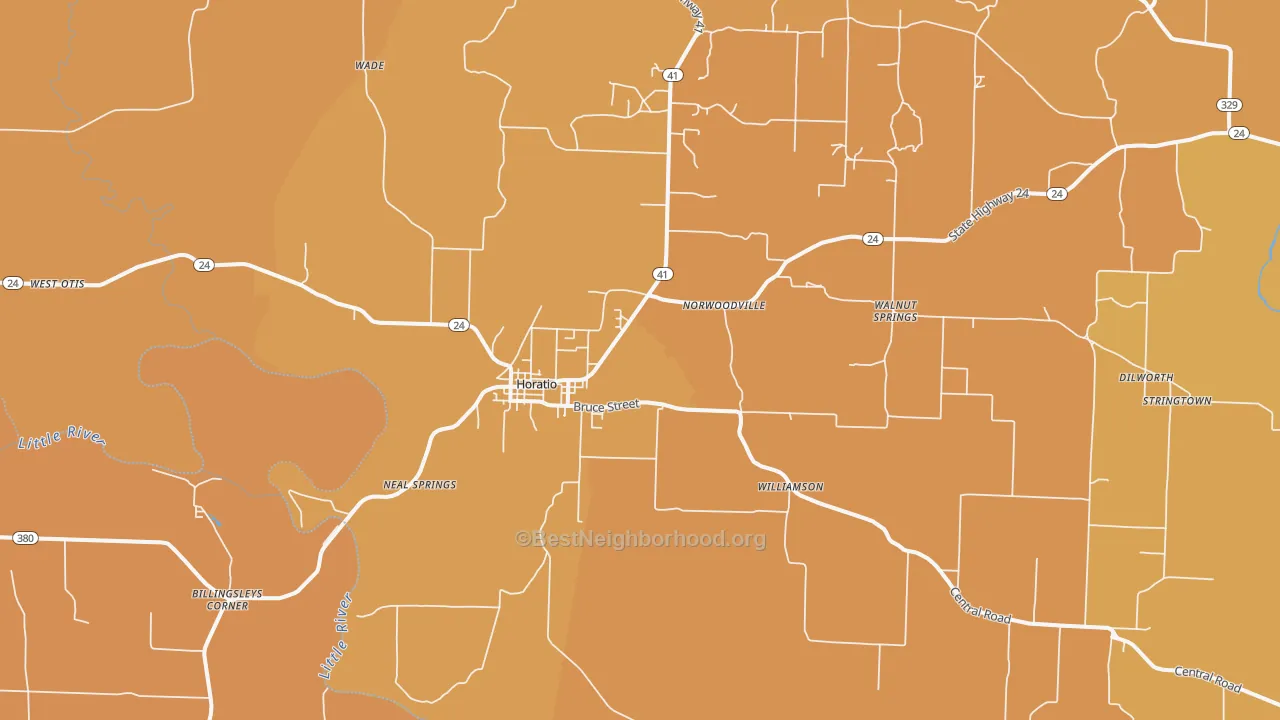 Map of the best neighborhoods in the Horatio area, with better matches in green and worse matches in red