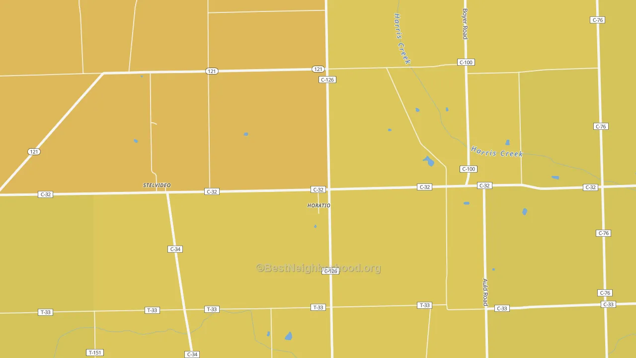 Map of the best neighborhoods in the Horatio area, with better matches in green and worse matches in red
