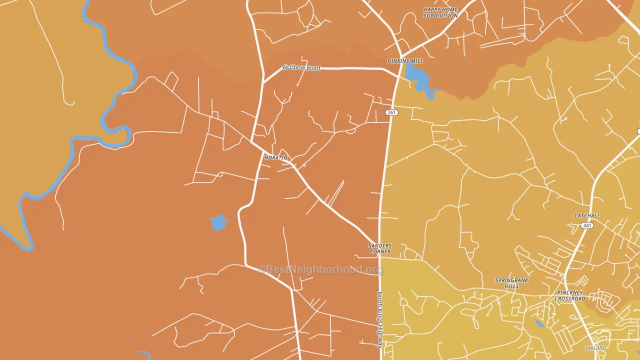 Map of the best neighborhoods in the Horatio area, with better matches in green and worse matches in red