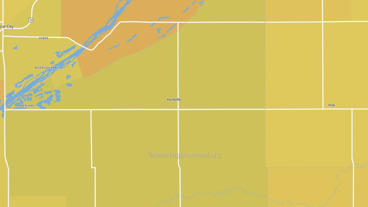 Map of the best neighborhoods in the Hordville area, with better matches in green and worse matches in red