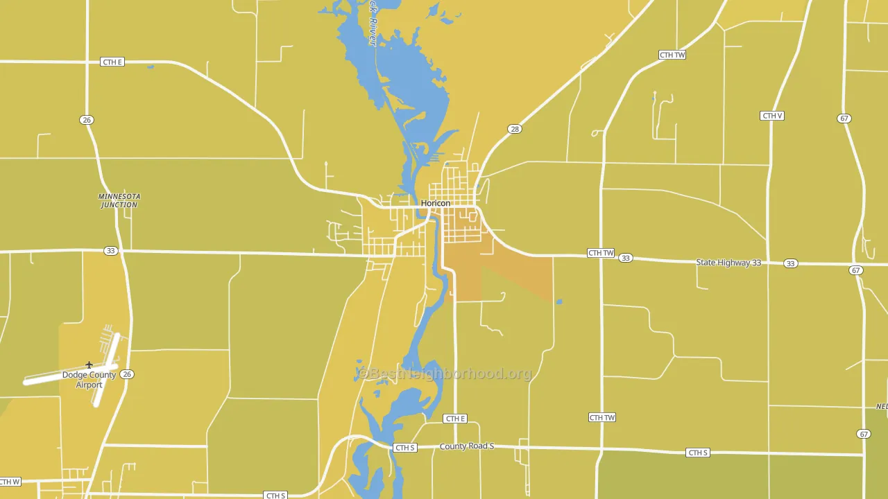 Map of the best neighborhoods in the Horicon area, with better matches in green and worse matches in red