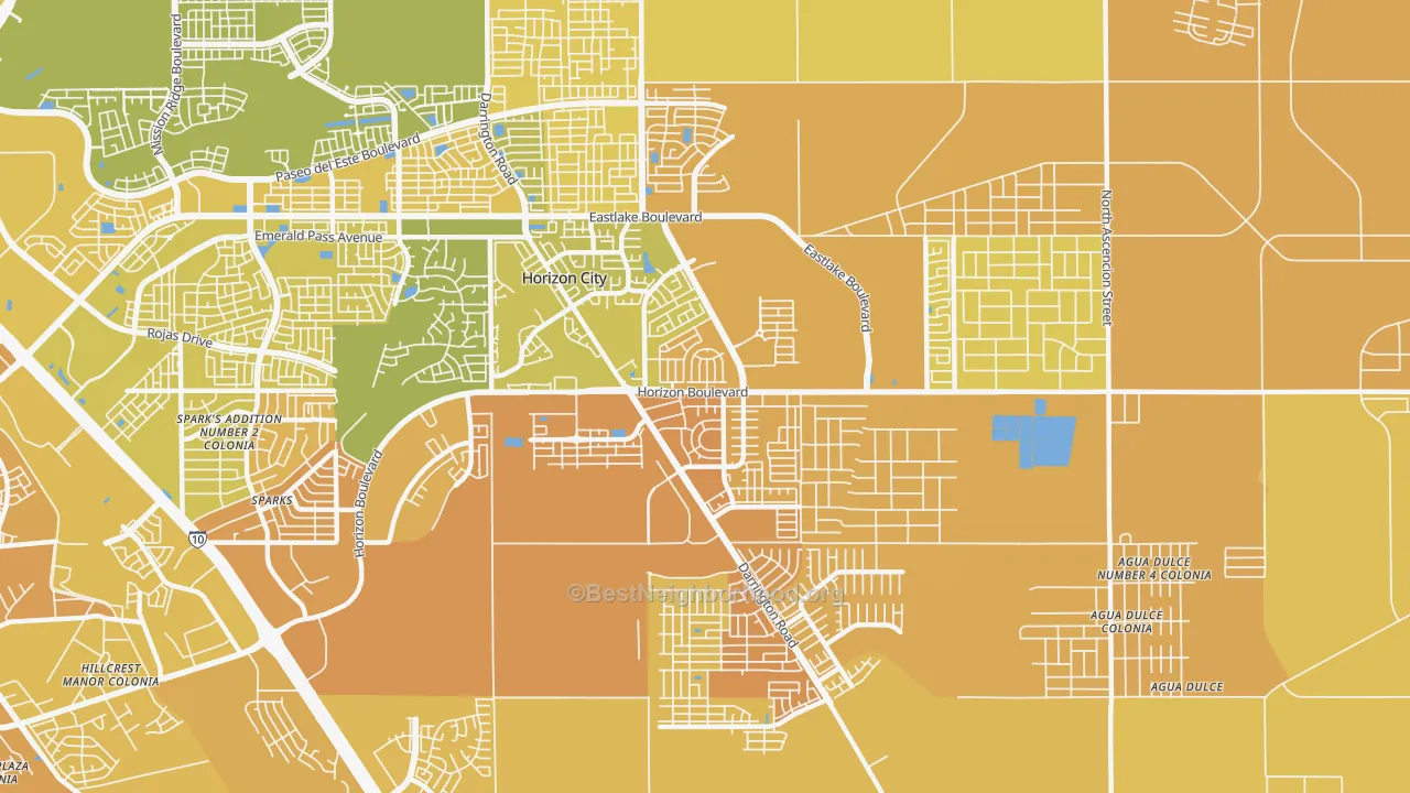 Map of the best neighborhoods in the Horizon City area, with better matches in green and worse matches in red