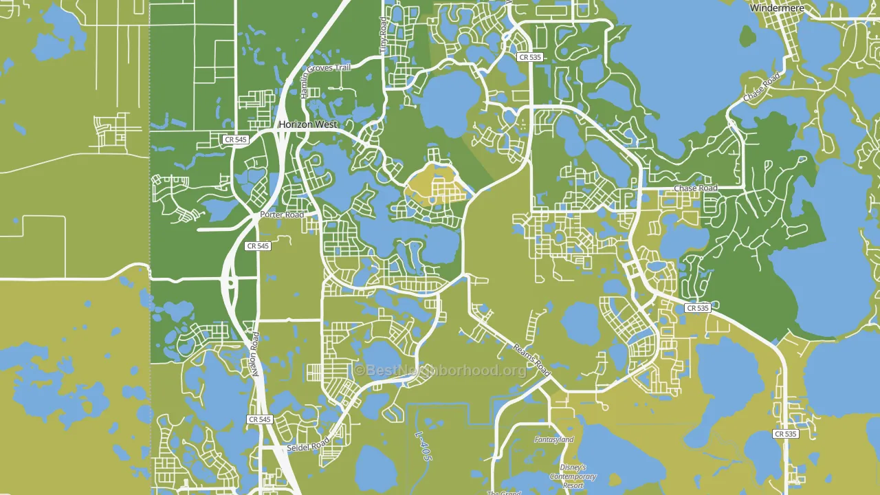Map of the best neighborhoods in the Horizon West area, with better matches in green and worse matches in red