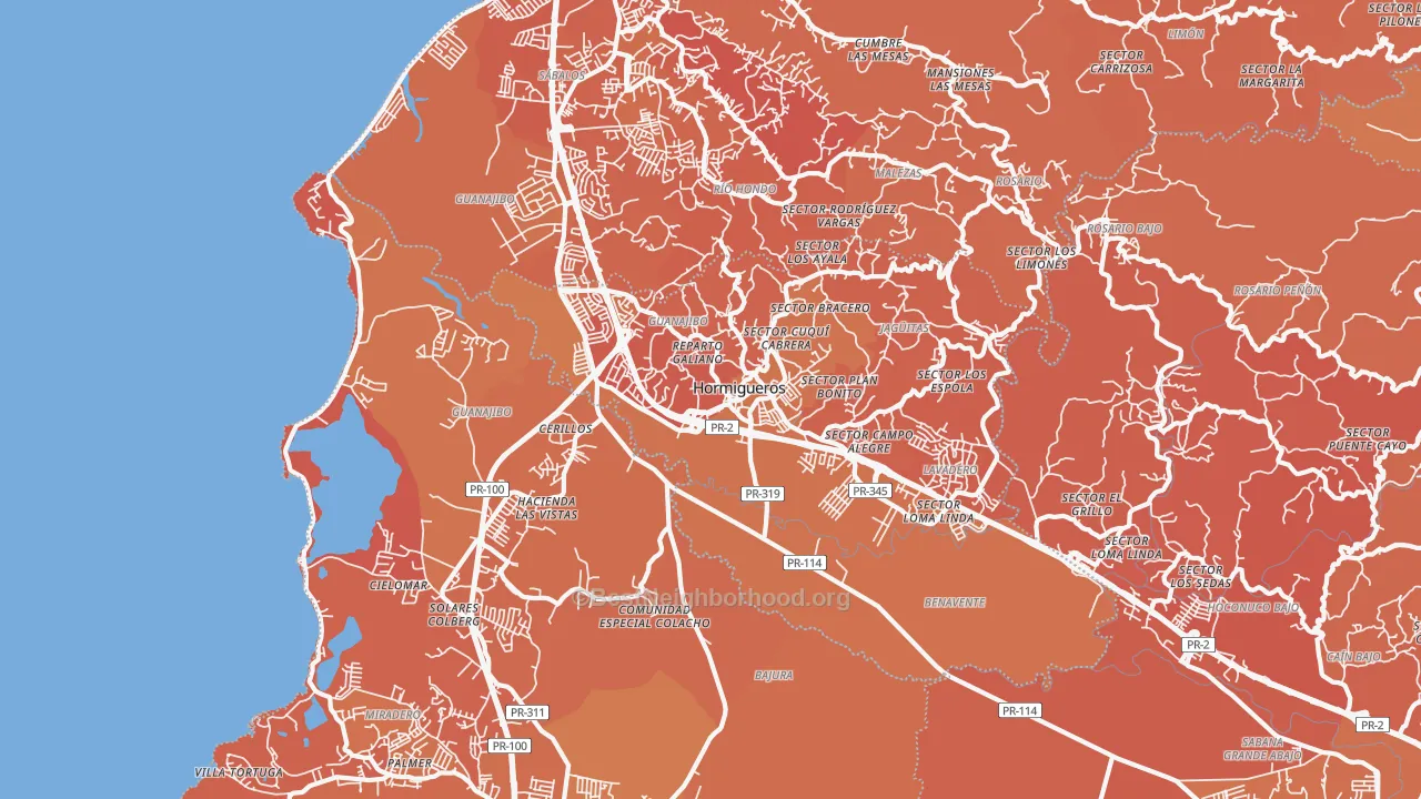 Map of the best neighborhoods in the Hormigueros area, with better matches in green and worse matches in red