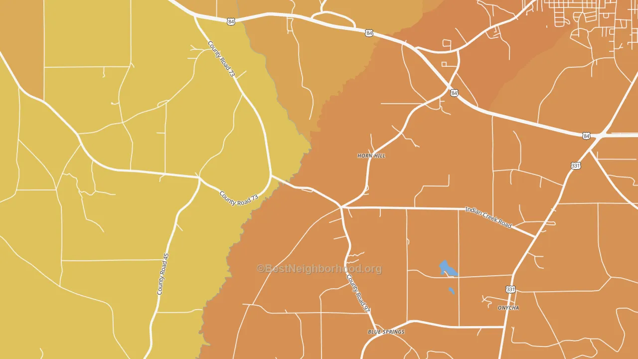 Map of the best neighborhoods in the Horn Hill area, with better matches in green and worse matches in red