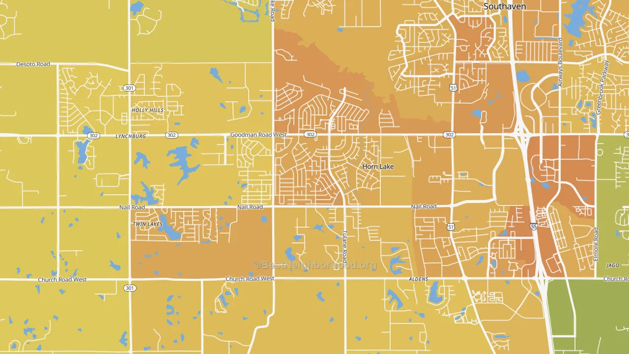 Map of the best neighborhoods in the Horn Lake area, with better matches in green and worse matches in red