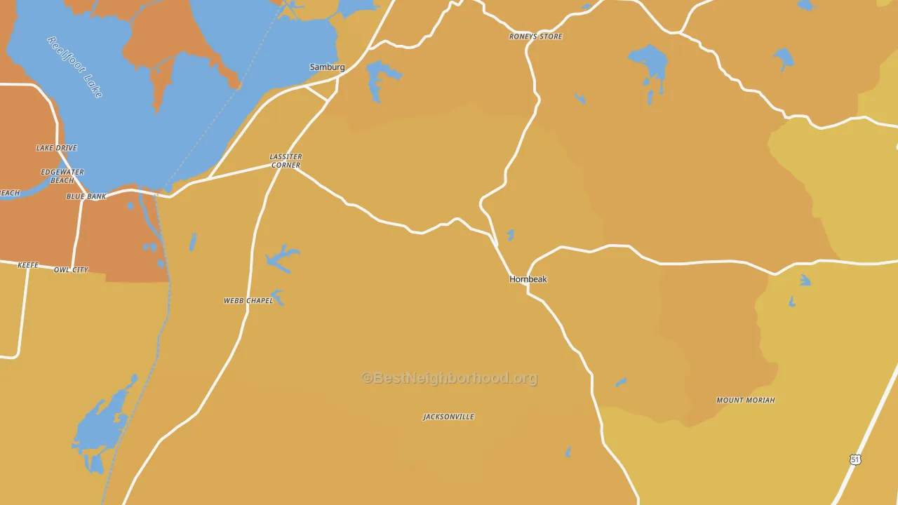 Map of the best neighborhoods in the Hornbeak area, with better matches in green and worse matches in red