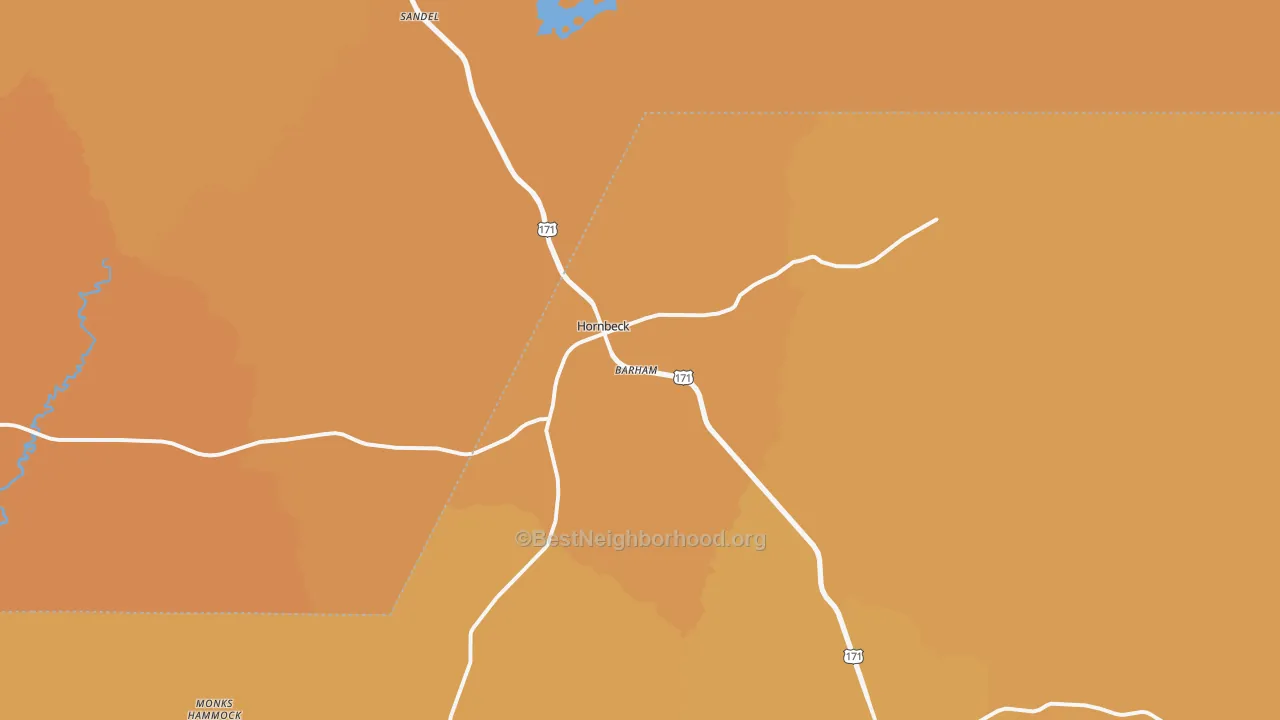 Map of the best neighborhoods in the Hornbeck area, with better matches in green and worse matches in red
