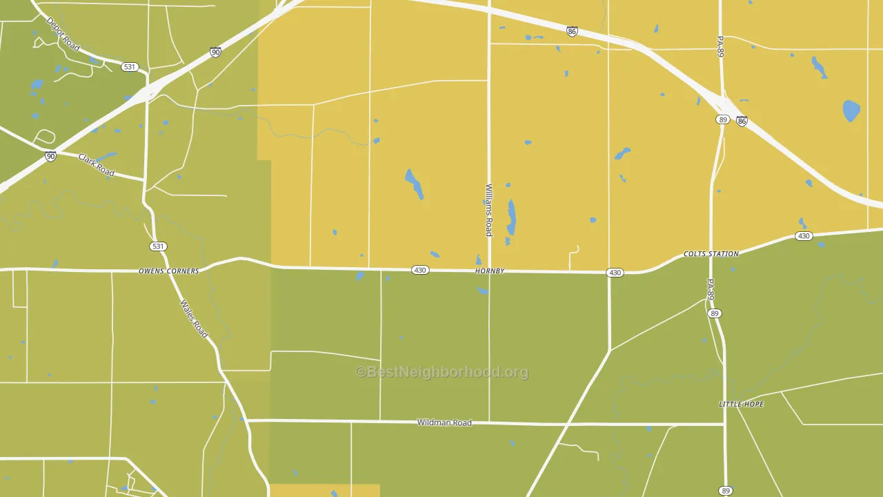 Map of the best neighborhoods in the Hornby area, with better matches in green and worse matches in red