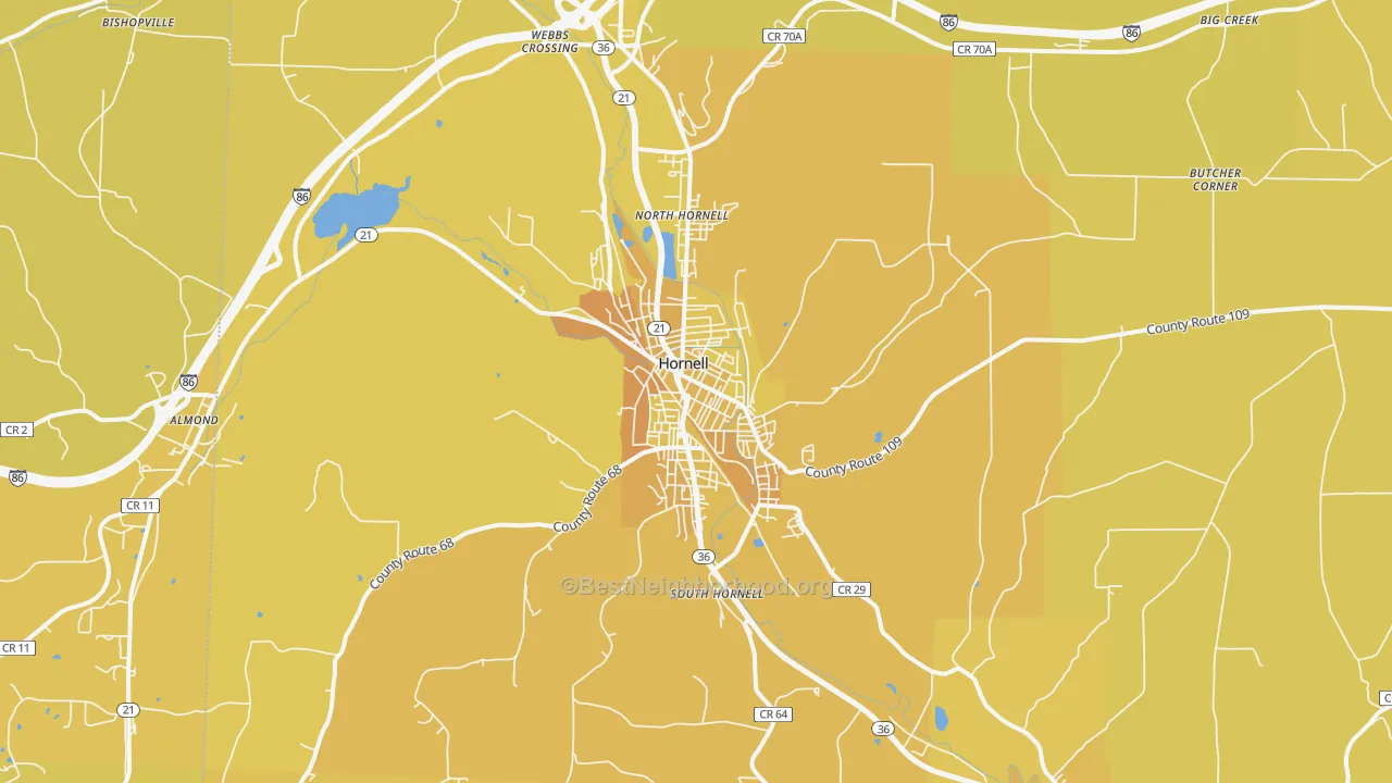 Map of the best neighborhoods in the Hornell area, with better matches in green and worse matches in red