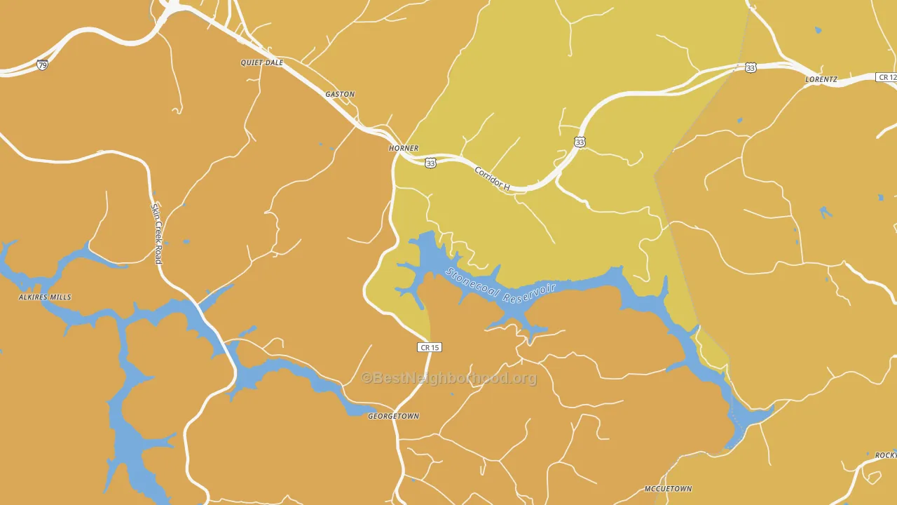 Map of the best neighborhoods in the Horner area, with better matches in green and worse matches in red