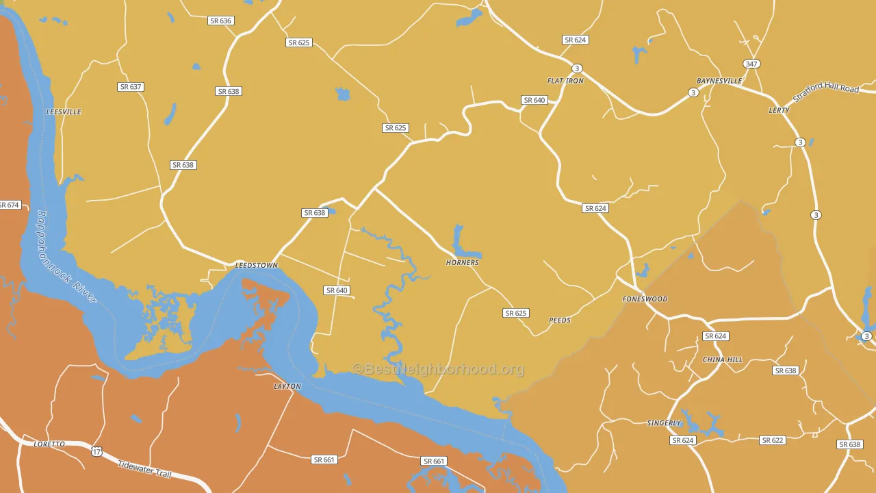 Map of the best neighborhoods in the Horners area, with better matches in green and worse matches in red