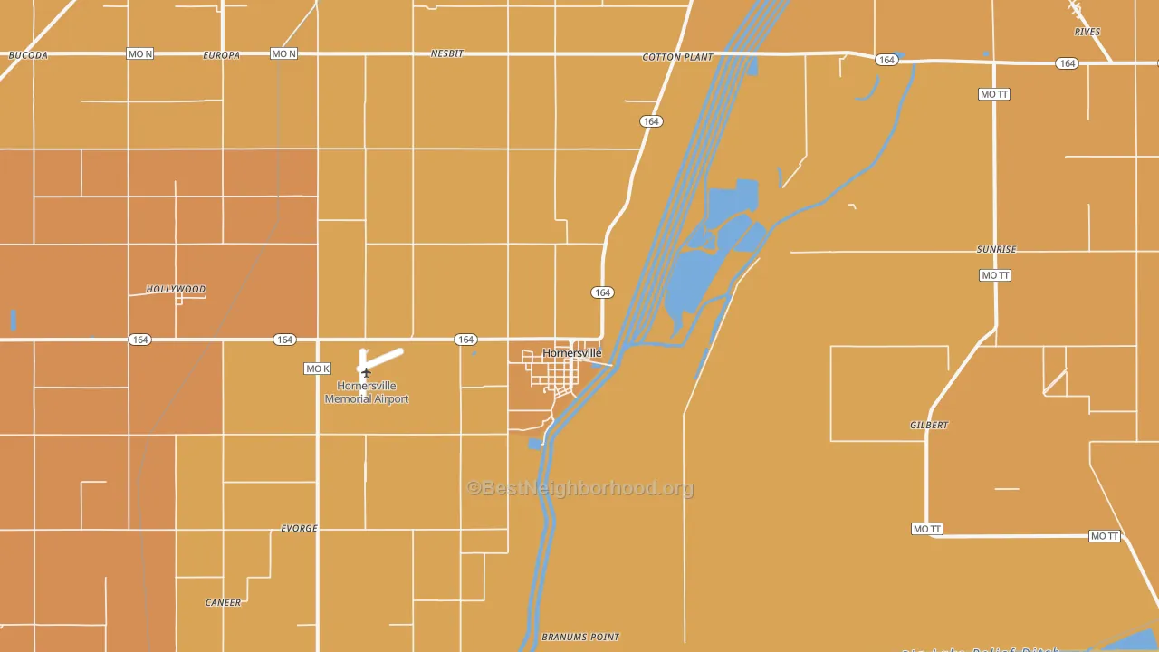 Map of the best neighborhoods in the Hornersville area, with better matches in green and worse matches in red