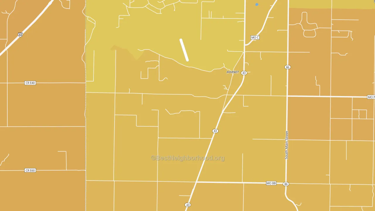 Map of the best neighborhoods in the Hornet area, with better matches in green and worse matches in red