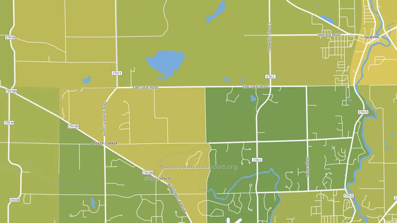 Map of the best neighborhoods in the Horns Corners area, with better matches in green and worse matches in red