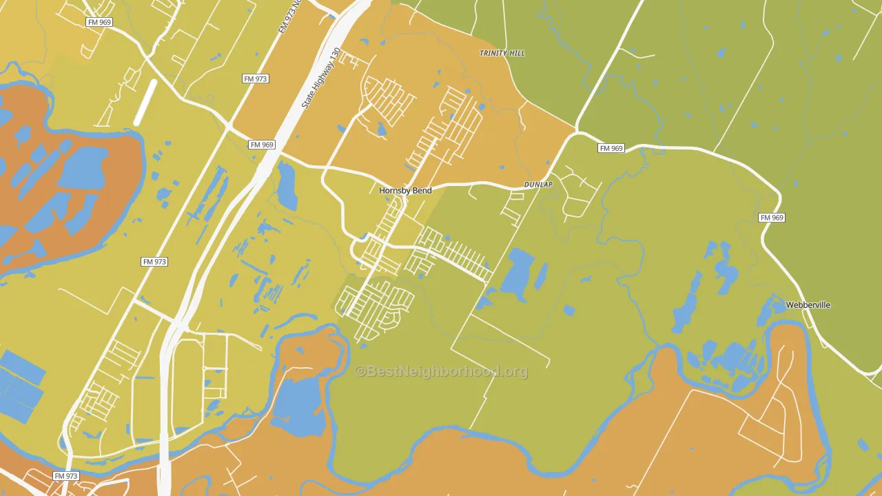 Map of the best neighborhoods in the Hornsby Bend area, with better matches in green and worse matches in red