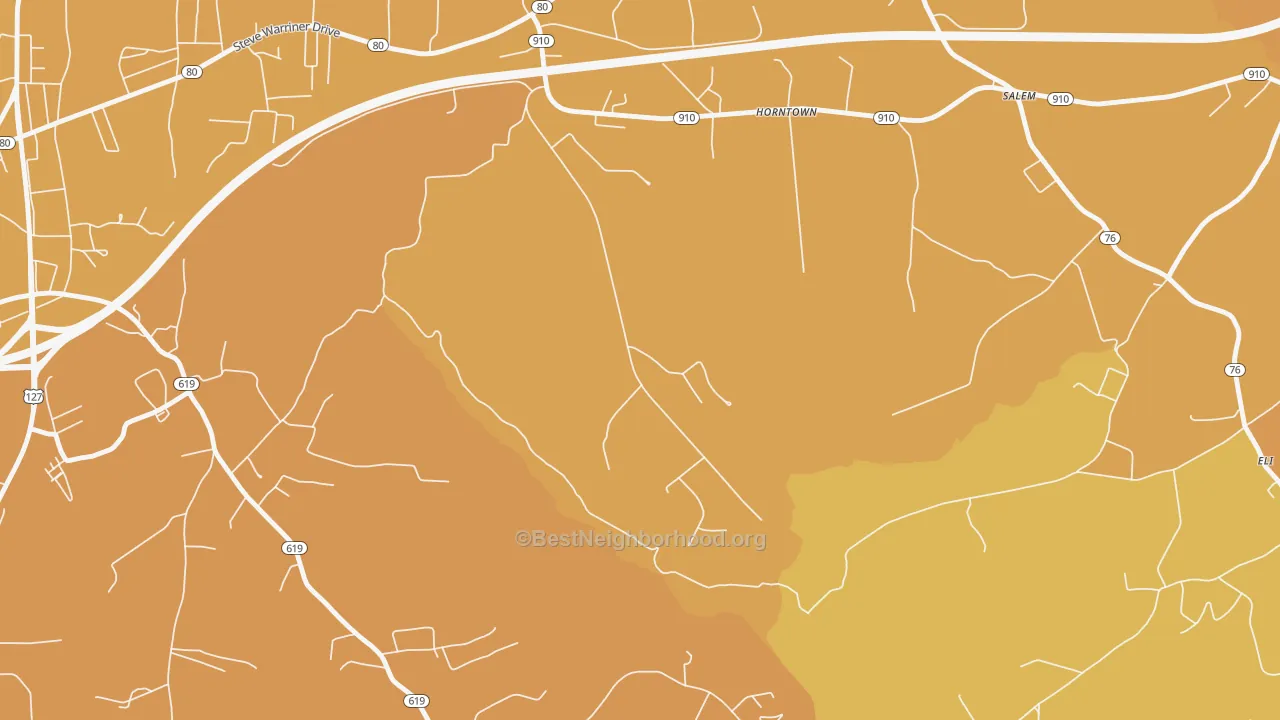 Map of the best neighborhoods in the Horntown area, with better matches in green and worse matches in red