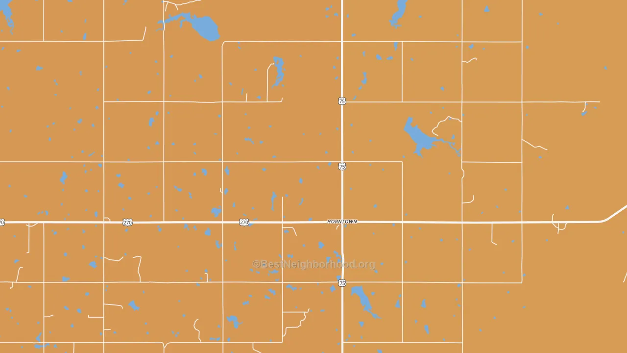 Map of the best neighborhoods in the Horntown area, with better matches in green and worse matches in red