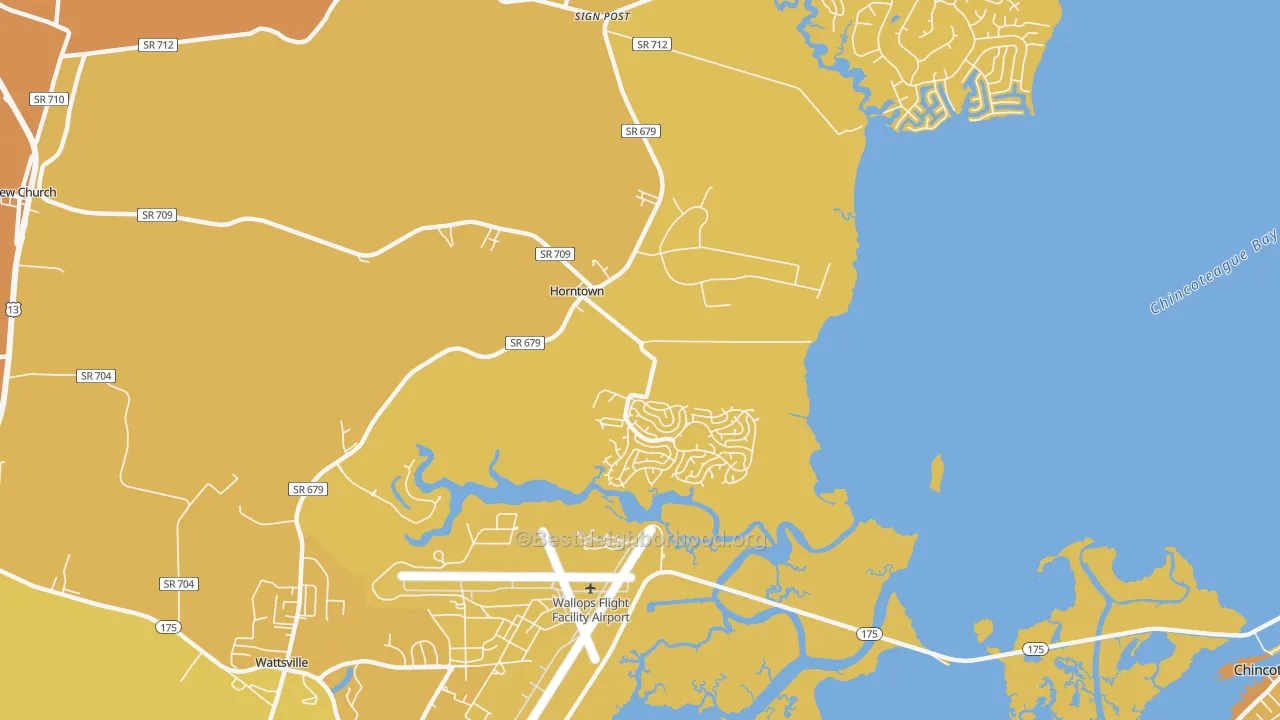 Map of the best neighborhoods in the Horntown area, with better matches in green and worse matches in red