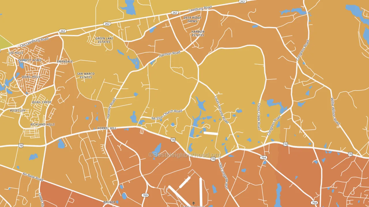 Map of the best neighborhoods in the Horrel Hill area, with better matches in green and worse matches in red
