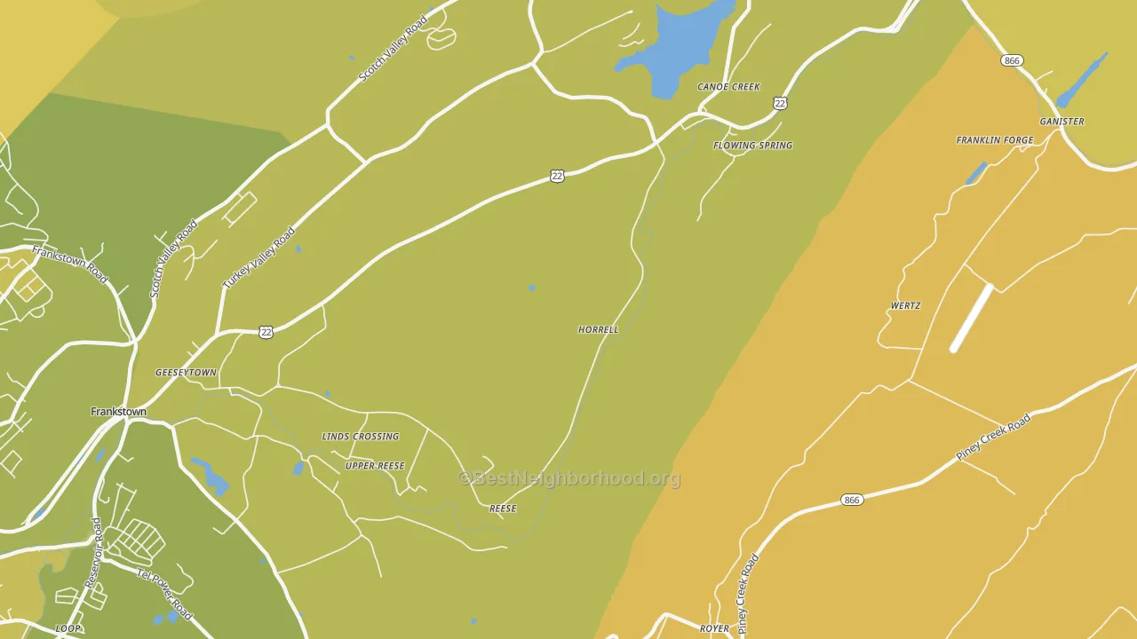 Map of the best neighborhoods in the Horrell area, with better matches in green and worse matches in red