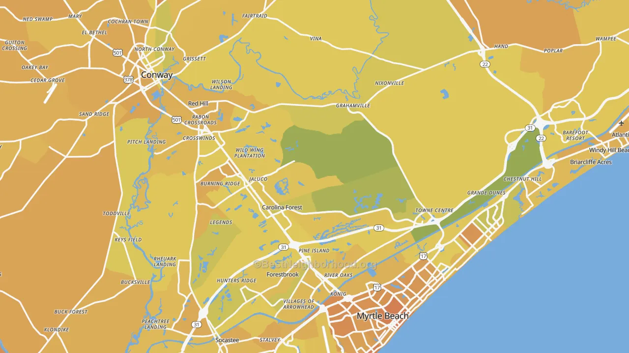 Map of the best neighborhoods in the Horry County area, with better matches in green and worse matches in red