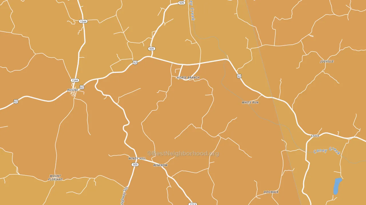 Map of the best neighborhoods in the Horse Branch area, with better matches in green and worse matches in red