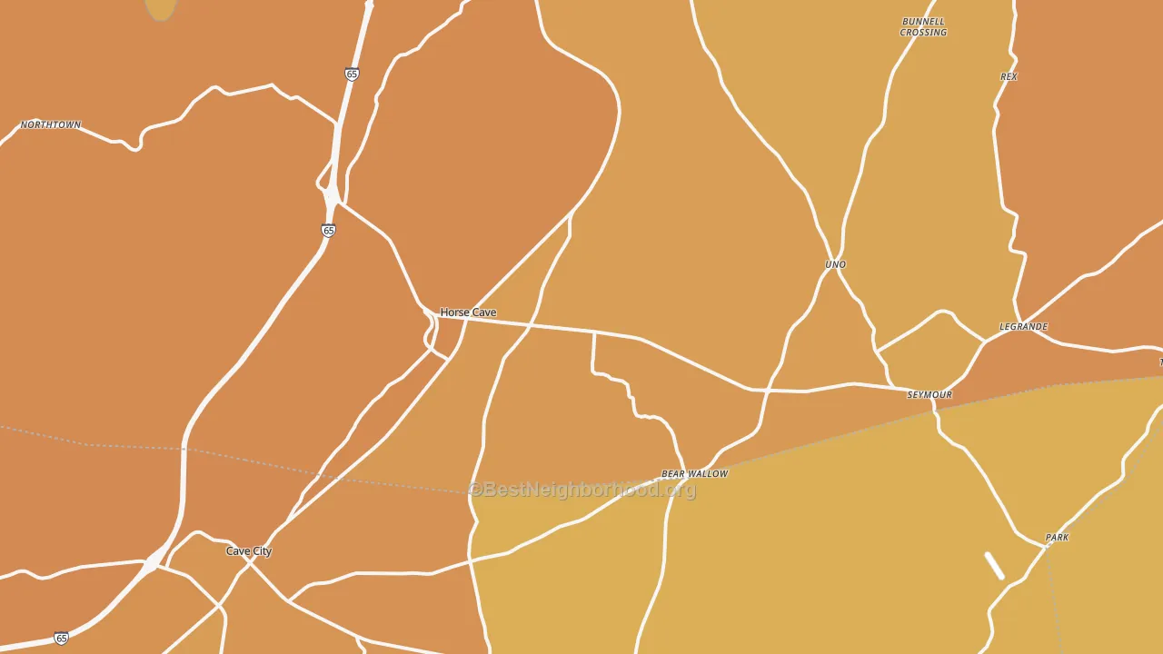 Map of the best neighborhoods in the Horse Cave area, with better matches in green and worse matches in red