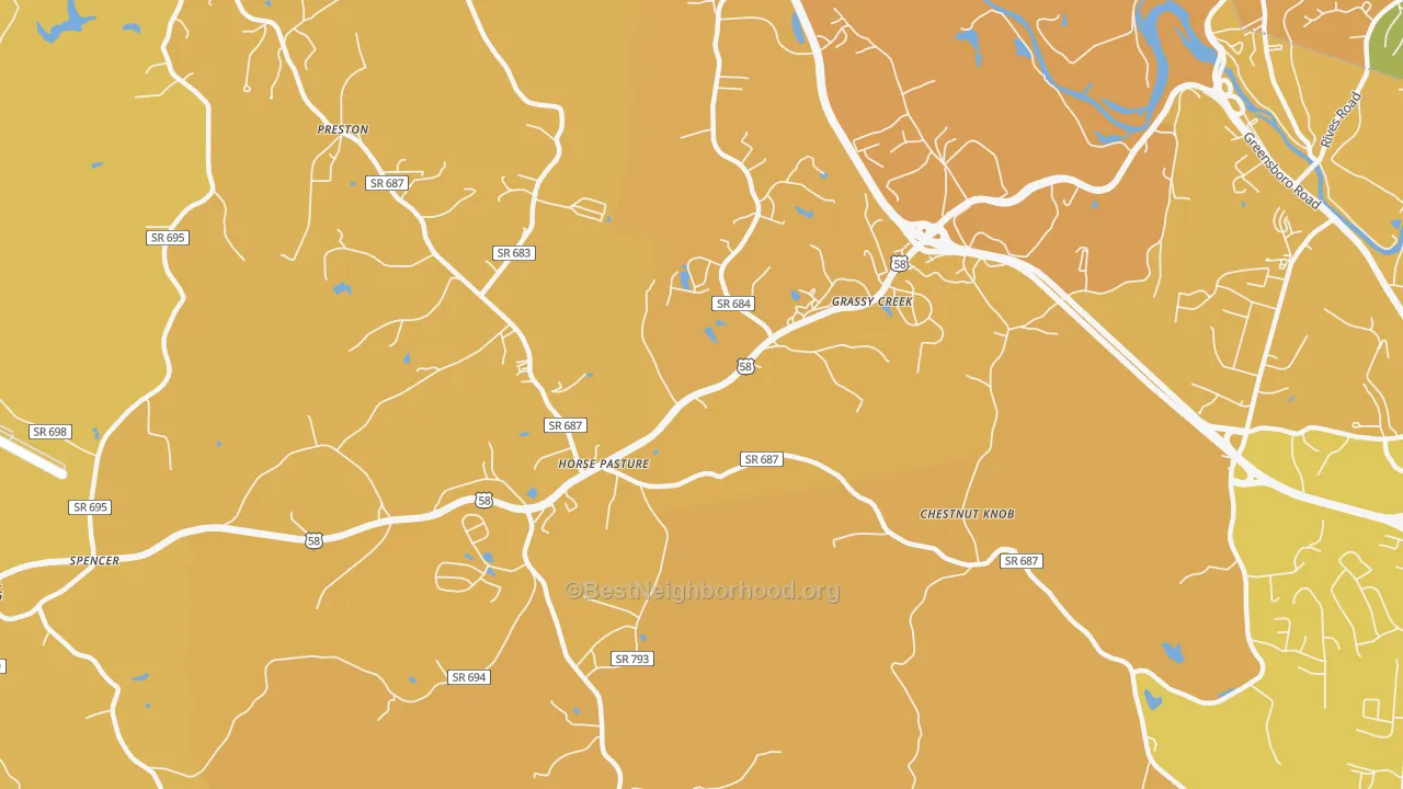 Map of the best neighborhoods in the Horse Pasture area, with better matches in green and worse matches in red
