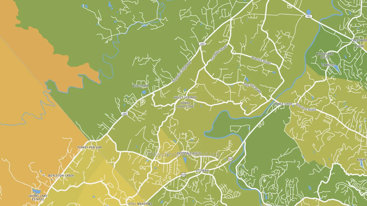Map of the best neighborhoods in the Horse Shoe area, with better matches in green and worse matches in red