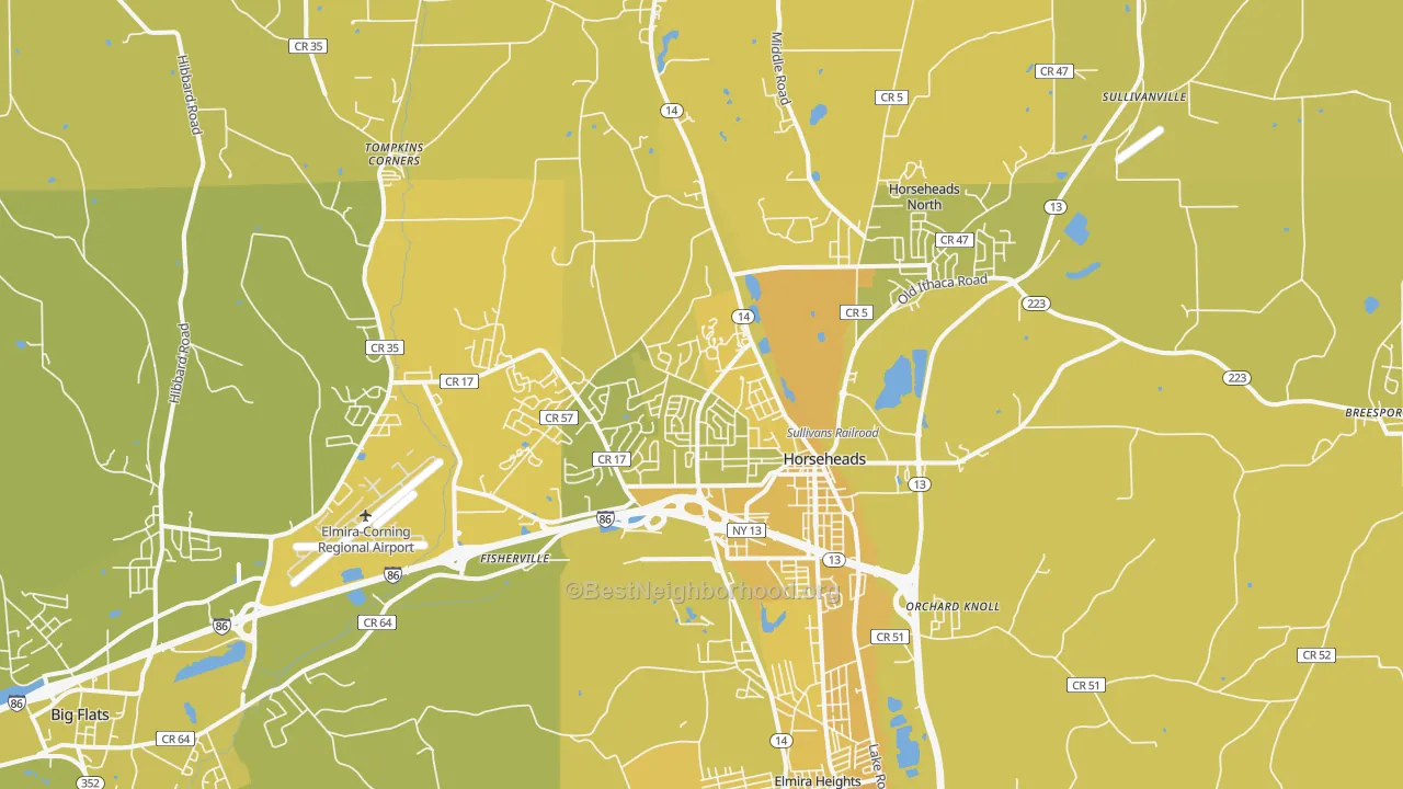 Map of the best neighborhoods in the Horseheads area, with better matches in green and worse matches in red