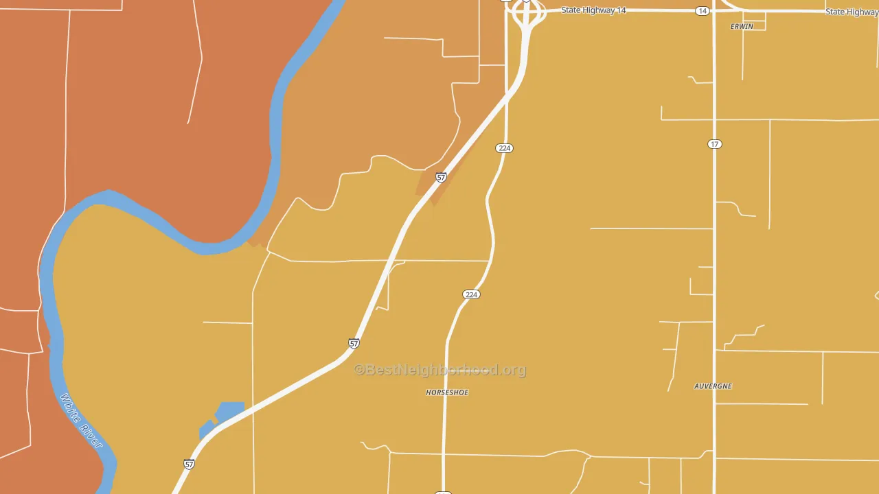 Map of the best neighborhoods in the Horseshoe area, with better matches in green and worse matches in red