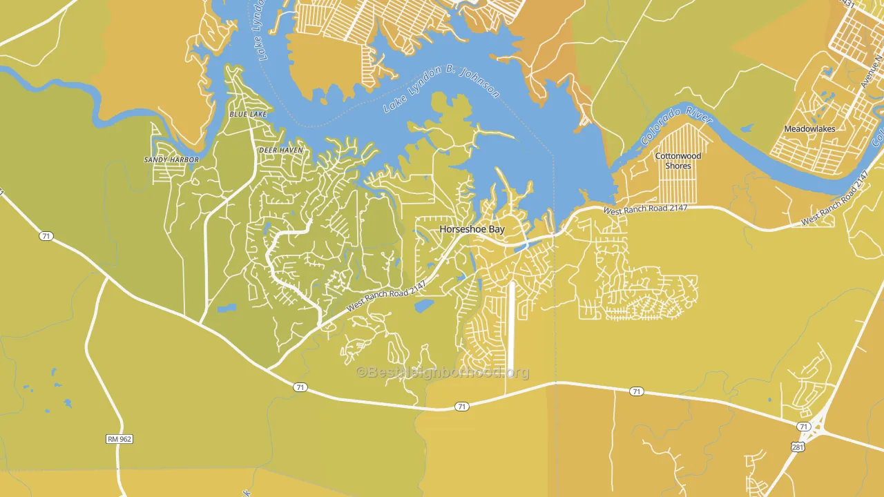 Map of the best neighborhoods in the Horseshoe Bay area, with better matches in green and worse matches in red