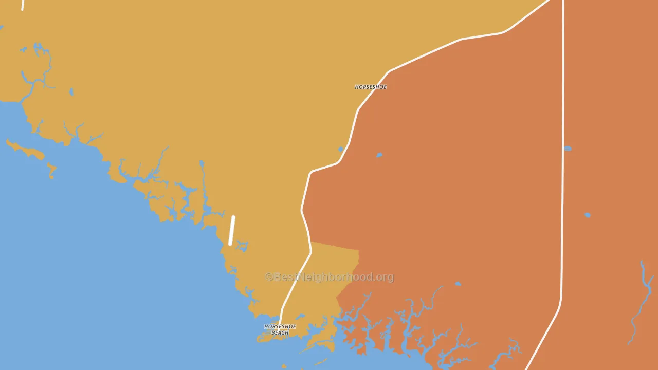 Map of the best neighborhoods in the Horseshoe Beach area, with better matches in green and worse matches in red