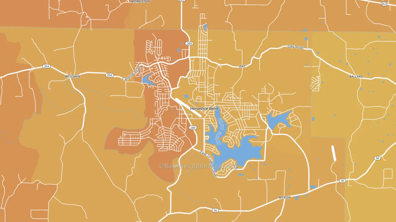Map of the best neighborhoods in the Horseshoe Bend area, with better matches in green and worse matches in red