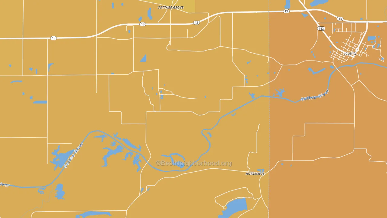 Map of the best neighborhoods in the Horseshoe area, with better matches in green and worse matches in red