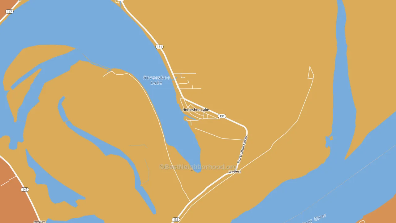 Map of the best neighborhoods in the Horseshoe Lake area, with better matches in green and worse matches in red