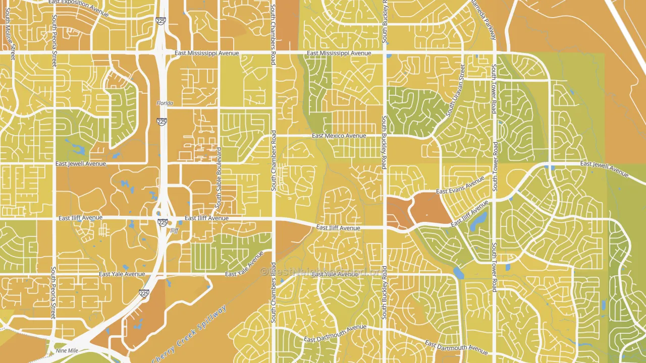 Map of the best neighborhoods in the Horseshoe Park, Aurora area, with better matches in green and worse matches in red