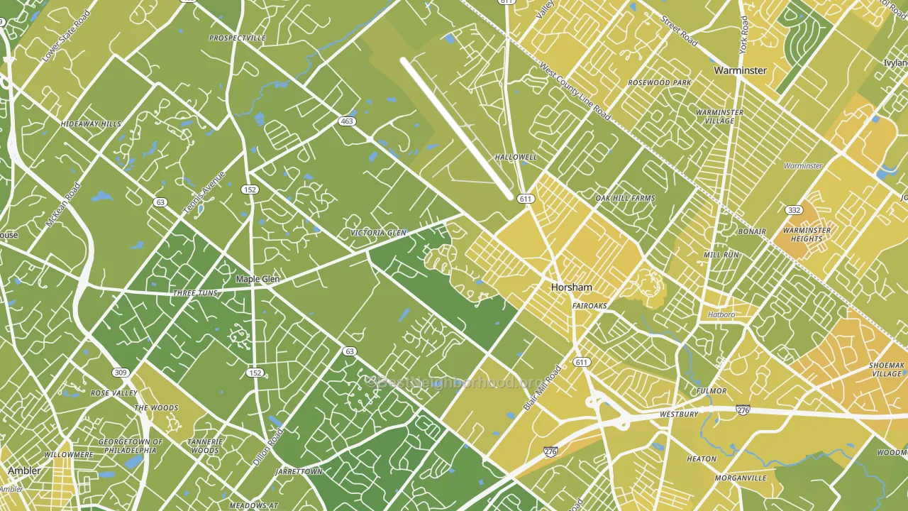 Map of the best neighborhoods in the Horsham area, with better matches in green and worse matches in red